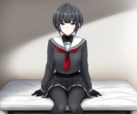 masterpiece, best quality, amazing quality, sfw, 1girl, solo, looking at viewer, shirayuki chiyo, white sailor collar, black shirt, long sleeves, pleated skirt, sitting on object,
<lora:Poshi style ILL-v2:1> poshi_style