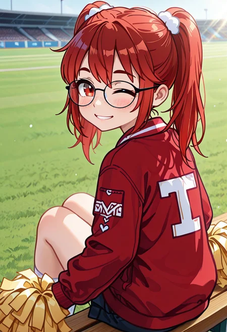 masterpiece,best quality,amazing qualityGachaMiky rou, Mikycka, girl, red hair, two ponytails, glasses, freckles, Wearing a classic red varsity jacket, sitting on a bench, view from the back, looking around, sits cross-legged on a school football field with pom-poms in her lap, giving a sweet but mischievous smile to the camera; warm sunlight, shallow depth of field, looks like a yearbook photo with a wink of flirt