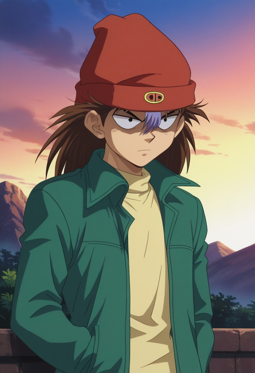 score_9, score_7_up, source_anime
ryuzaki, 1boy, male focus, solo, black eyes, brown hair, long hair, multicolored hair, two-tone hair, brown hair, purple hair, hair between eyes, hat, beanie, red headwear, shirt, yellow shirt, turtleneck, jacket, green jacket, long sleeves, open jacket, open clothes, depressed, shaded face, parody,
outdoor, sky,