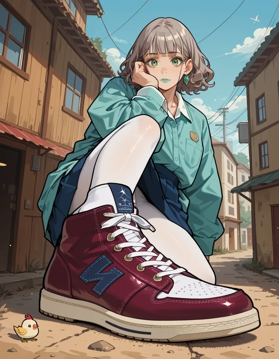 score_9, score_8_up, score_7_up, score_6_up, score_5_up, score_4_up, hud_sh03_sh0w, 1girl, solo, Indigo , Short Boots, Chambray shirt, white pleated mini skirt, light brown tights, and oxford shoes, Madam, Short, Wide Hips, Diamond-Shaped Face, Olive Skin, Silver Hair, Green Eyes, Wide Nose, Thin Lips, Receding Chin, Shoulder-Length Hair, Wavy Hair, Fringed Bangs, asymmetrical breasts, Dangle earrings, magenta velvet lipstick, Chic wine tasting event foreshortening, looking at viewer, <lora:showinshoes:0.8>, outdoors,