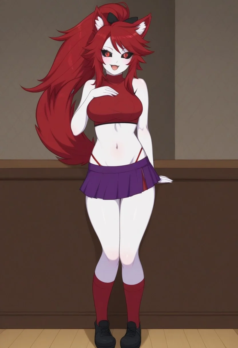 Masterpiece, High quality, Best quality, perfect eyes, perfect body, Very good quality, Oc, solo, 1girl, tall, adult, animal ears, tall wolf ears, colored sclera, wolf tail, red wolf tail with white mark on tip of tail, ((red wold tail)) purple skirt, red bikini, black sclera, ((Black sclera)) Red pupils, long red hair, long red ponytail, pink hair bow, red hair, midriff, white colored skin, ((white skin)), navel, red socks, small black shoes, standing