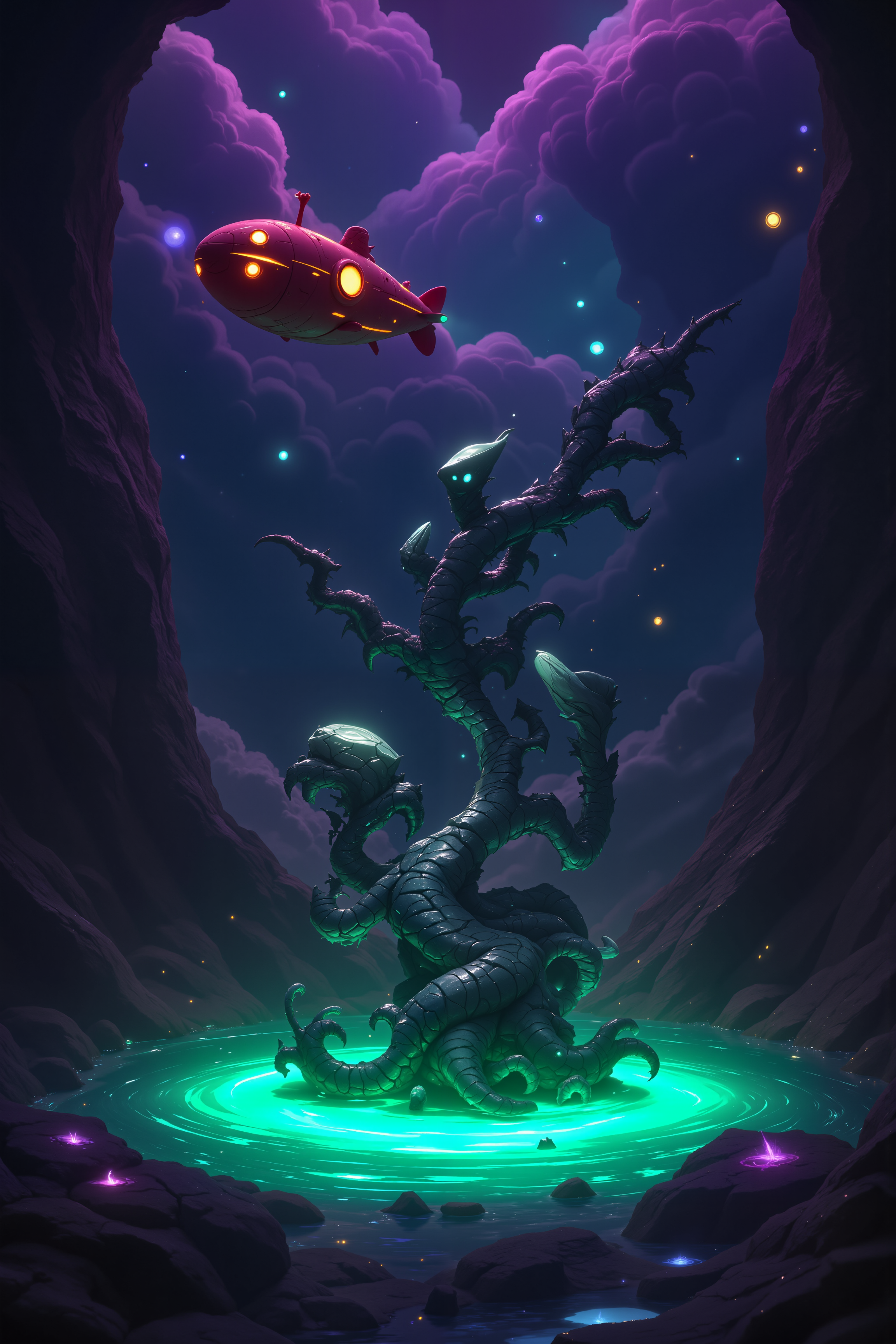 a fantastical, otherworldly landscape. The scene is set in a dark, cavernous environment with a deep, rich color palette dominated by purples, greens, and blues. In the foreground, a large, stone-like creature with a greenish hue and a snakelike form is partially submerged in a shallow pool of turquoise water. The creature's body is segmented and adorned with glowing, bioluminescent orbs, giving it a mystical appearance. To the left, a red submarine with a detailed, textured exterior and a round, eye-like window on its side hovers above the water. The submarine has a whimsical, almost cartoonish quality, contrasting with the more organic, fantastical elements of the scene. The background is a chaotic mix of swirling clouds, some tinged with pink and purple, and a dark, rocky terrain. The clouds are illuminated by faint, glowing orbs, adding a mystical, dreamlike quality to the scene. The overall composition is dynamic, with the submarine and the creature interacting in a surreal, almost magical setting.<lora:aidmaImageUpgrader-FLUX-V0.2:0.5><lora:PinkieFluxProUltraFantasia><lora:FluxDFaeTasticDetails:0.7>