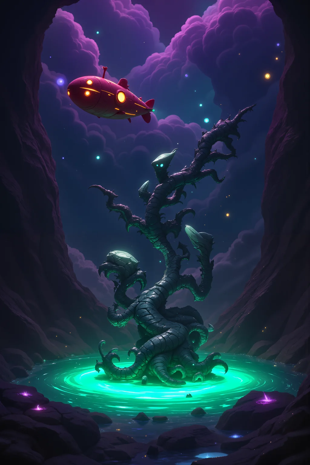 a fantastical, otherworldly landscape. The scene is set in a dark, cavernous environment with a deep, rich color palette dominated by purples, greens, and blues. In the foreground, a large, stone-like creature with a greenish hue and a snakelike form is partially submerged in a shallow pool of turquoise water. The creature's body is segmented and adorned with glowing, bioluminescent orbs, giving it a mystical appearance. To the left, a red submarine with a detailed, textured exterior and a round, eye-like window on its side hovers above the water. The submarine has a whimsical, almost cartoonish quality, contrasting with the more organic, fantastical elements of the scene. The background is a chaotic mix of swirling clouds, some tinged with pink and purple, and a dark, rocky terrain. The clouds are illuminated by faint, glowing orbs, adding a mystical, dreamlike quality to the scene. The overall composition is dynamic, with the submarine and the creature interacting in a surreal, almost magical setting.<lora:aidmaImageUpgrader-FLUX-V0.2:0.5><lora:PinkieFluxProUltraFantasia><lora:FluxDFaeTasticDetails:0.7>