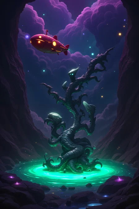 a fantastical, otherworldly landscape. The scene is set in a dark, cavernous environment with a deep, rich color palette dominated by purples, greens, and blues. In the foreground, a large, stone-like creature with a greenish hue and a snakelike form is partially submerged in a shallow pool of turquoise water. The creature's body is segmented and adorned with glowing, bioluminescent orbs, giving it a mystical appearance. To the left, a red submarine with a detailed, textured exterior and a round, eye-like window on its side hovers above the water. The submarine has a whimsical, almost cartoonish quality, contrasting with the more organic, fantastical elements of the scene. The background is a chaotic mix of swirling clouds, some tinged with pink and purple, and a dark, rocky terrain. The clouds are illuminated by faint, glowing orbs, adding a mystical, dreamlike quality to the scene. The overall composition is dynamic, with the submarine and the creature interacting in a surreal, almost magical setting.<lora:aidmaImageUpgrader-FLUX-V0.2:0.5><lora:PinkieFluxProUltraFantasia><lora:FluxDFaeTasticDetails:0.7>