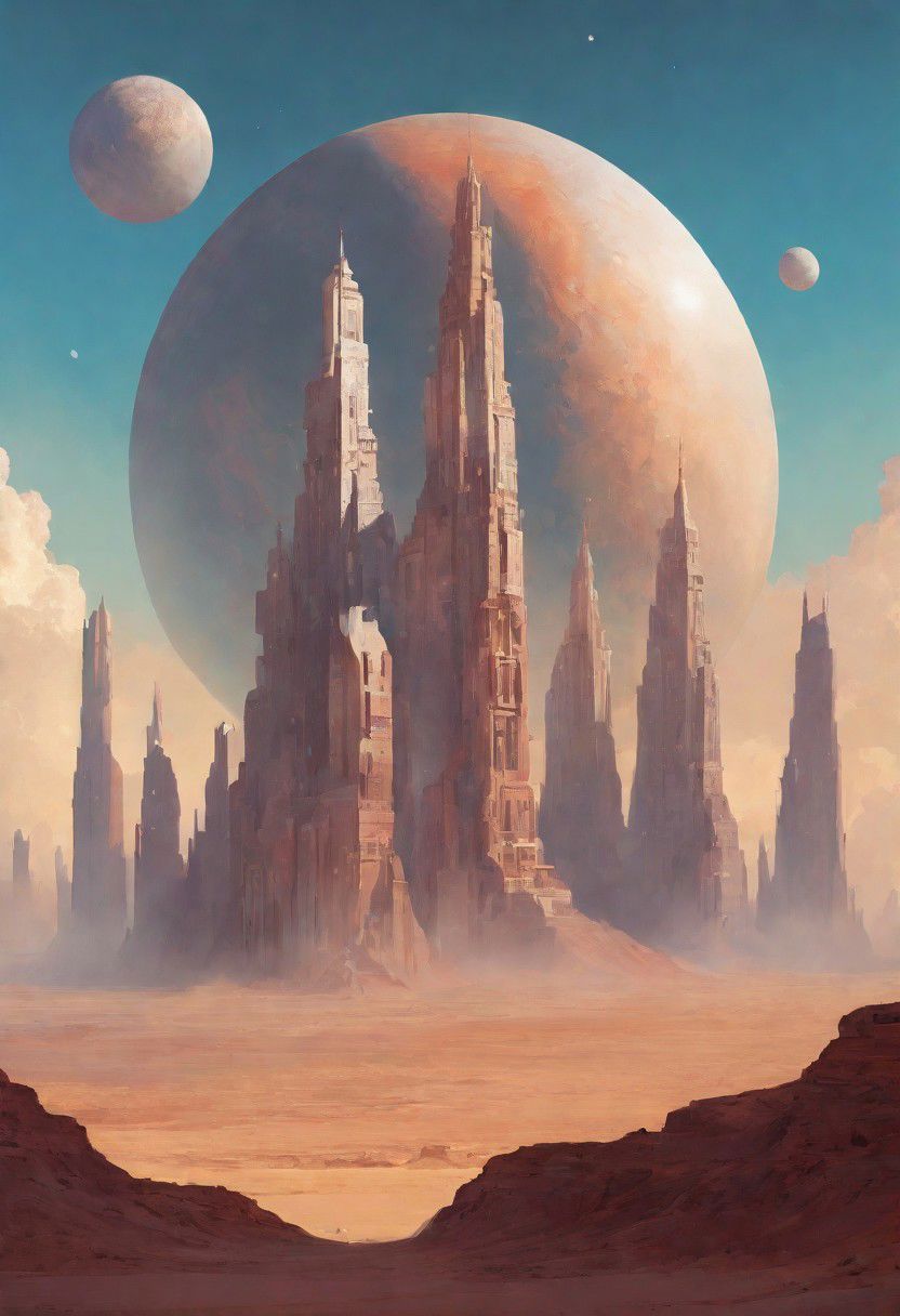 celestial sky, Loish, Leyendecker, james gilleard, celestial, ethereal, massive structure in distance, giant city, lost in desert