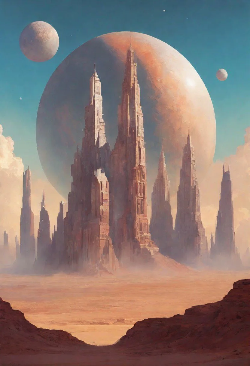 celestial sky, Loish, Leyendecker, james gilleard, celestial, ethereal, massive structure in distance, giant city, lost in desert