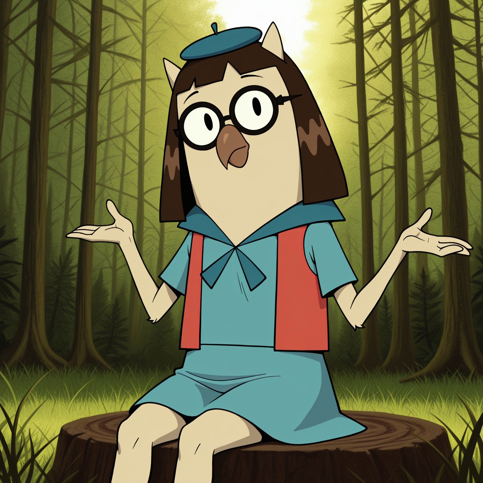 8k, uncensored, masterpiece, best quality, highly detailed, realistic, 1girl, solo, AlmondineCL, furry, anthro, avian, owl, brown hair, medium hair, black eyebrows, thin eyebrows, black glasses, round glasses, black eyes, brown beak, light-tan skin, expressionless, closed mouth, dark-blue beret, blue topwear, scout outfit,  (looking at viewer, sitting, grass, forest, trees, front view, detailed background, flat chested, ((4 fingers)), ((shrugging)) feet out of frame, blue skirt, head tilt, dutch angle