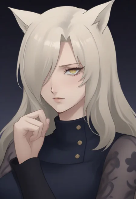 source_anime, anime screencap, source_anime, auratheguillotine, anime screencap, masterpiece, source_anime, shiny skin,, <lora:Pony_Fabienne_Lagopus_Vulpes_-_Metaphor_ReFantazio:1>,fabiennemrf, 1girl, yellow eyes, animal ears, white hair, long hair, hair over one eye, mole under eye, see-through sleeves, black dress, turtleneck,