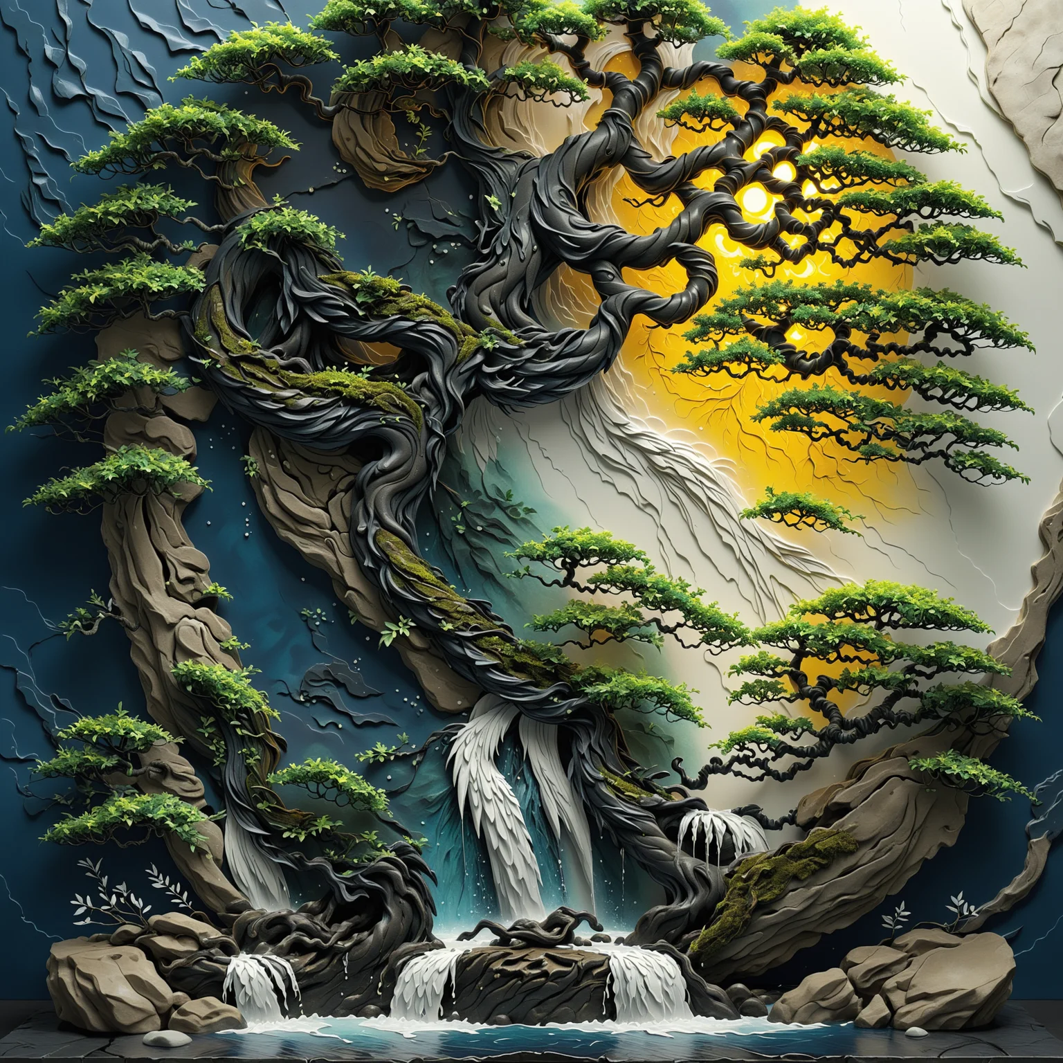 <lora:artfullyTREETTREET_SDXL_V1:1>,arttrttrt, 3d, octane render, masterpiece, intricately detailed, cobalt and navy accents, no humans, incredible waterfall, imaginary landscape, bonsai landscape, trunk is detailed, trunk is white and black ,and quartz, leaves are chartreus with accents of fuchia, sun is glowing, in the style of carved relief, embossing, encaustic, papercraft