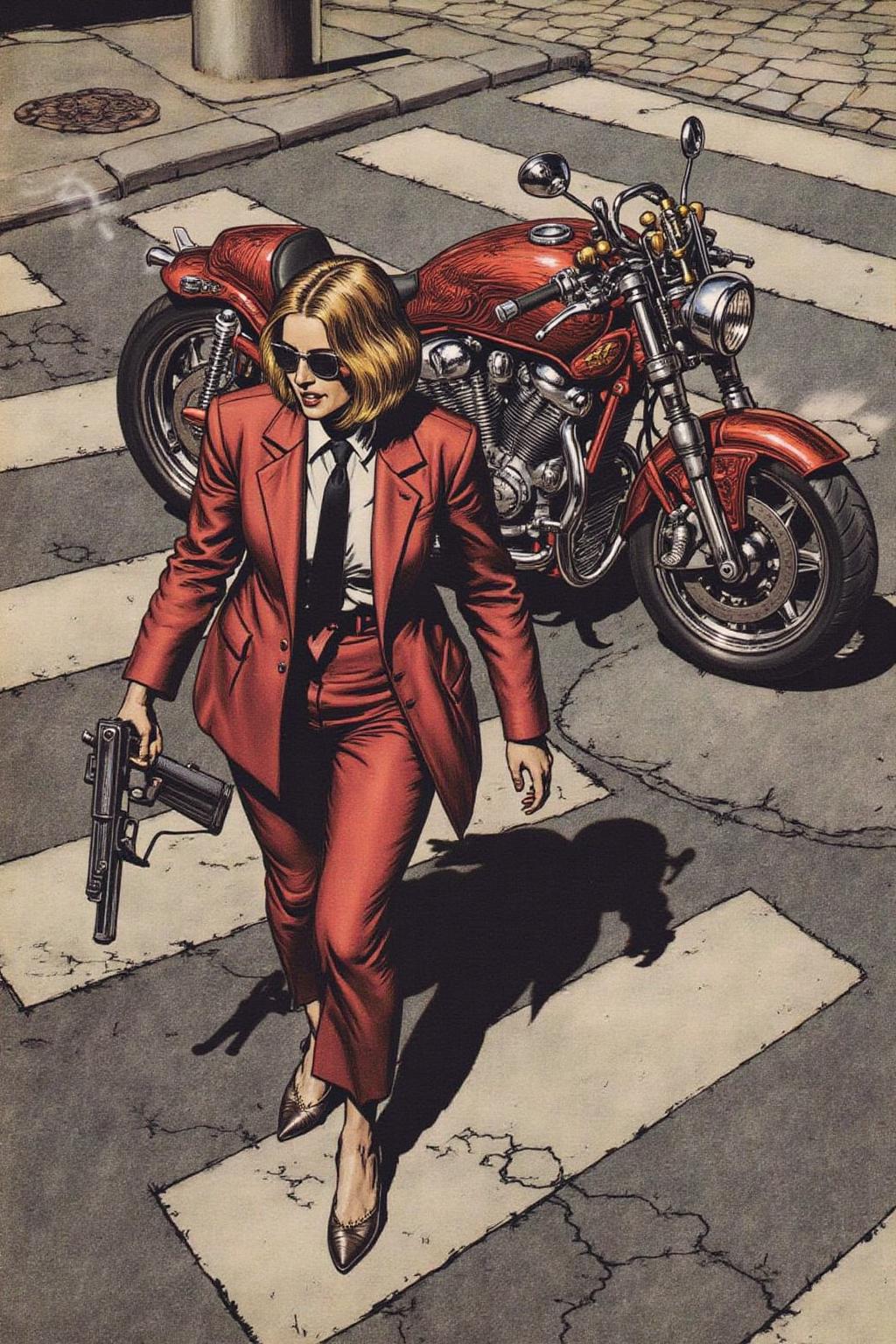 artrack1 illustration 
Overhead shot of an Blonde woman walking away from a futuristic motorcycle parked at a zebra crossing. The woman has bob hair, is smoking. She wear a red business suit, white shirt, black tie, and sunglasses. She holds a gun with a confident grip. The motorcycle itself is red, sleek and metallic, with intricate designs and a futuristic vibe  <lora:artrack1_nocap_d6a3:1.0><lora:812488975236257701:0>