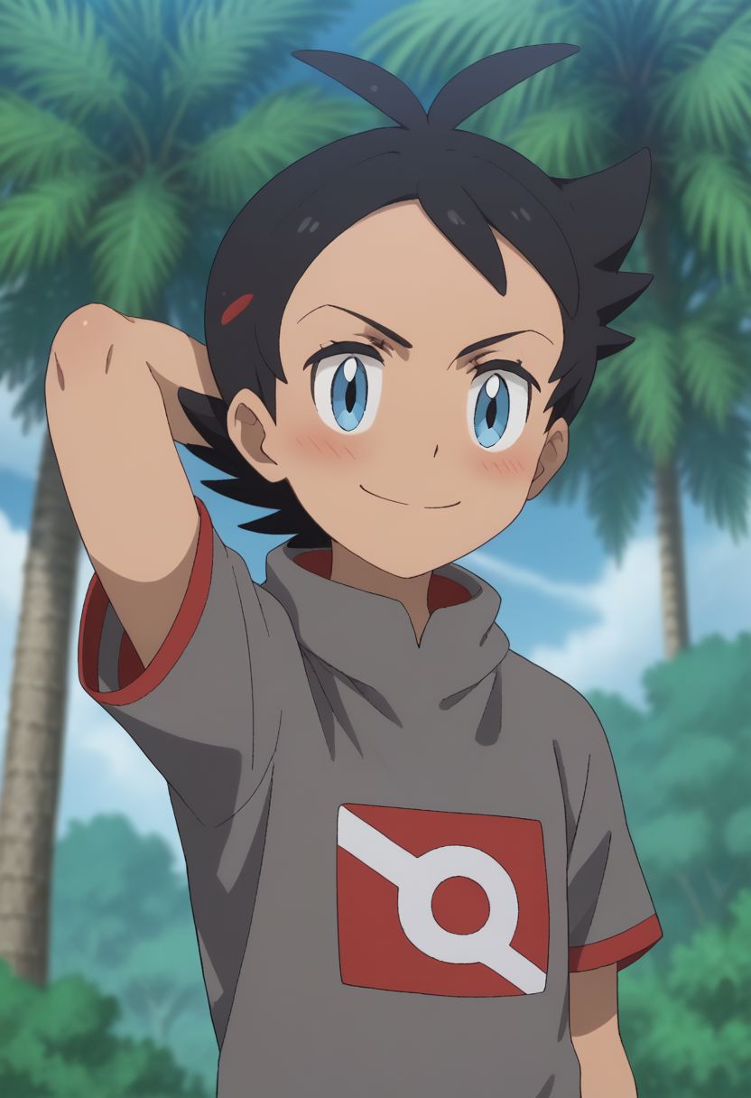 score_9, score_8_up, score_7_up, source_anime, highly detailed, 1boy, solo, male_focus
goh_poke, blue eyes, smile, closed mouth, tree, shirt, short sleeves, black hair, grey shirt, eyelashes, full body,
indoor, hand behind head, looking down, blush, embarassed smile,