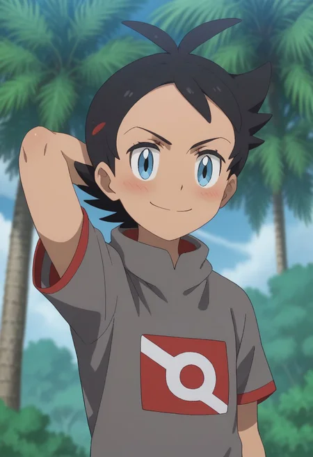 score_9, score_8_up, score_7_up, source_anime, highly detailed, 1boy, solo, male_focus
goh_poke, blue eyes, smile, closed mouth, tree, shirt, short sleeves, black hair, grey shirt, eyelashes, full body,
indoor, hand behind head, looking down, blush, embarassed smile,