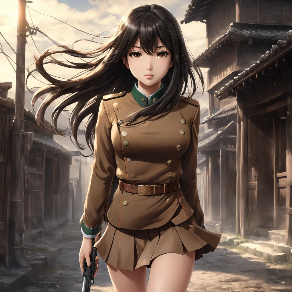 1girl , masterpiece, best quality, highres, 4k, 8k, intricate detail, cinematic lighting, amazing quality, amazing shading, soft lighting, Detailed Illustration, anime style, wallpaper, black hair, (brown tatenokai567:1.3),short skirt, long hair, floating hair, bang, looking at viewer, military, <lora:ShieldLoraXL-000009:1>