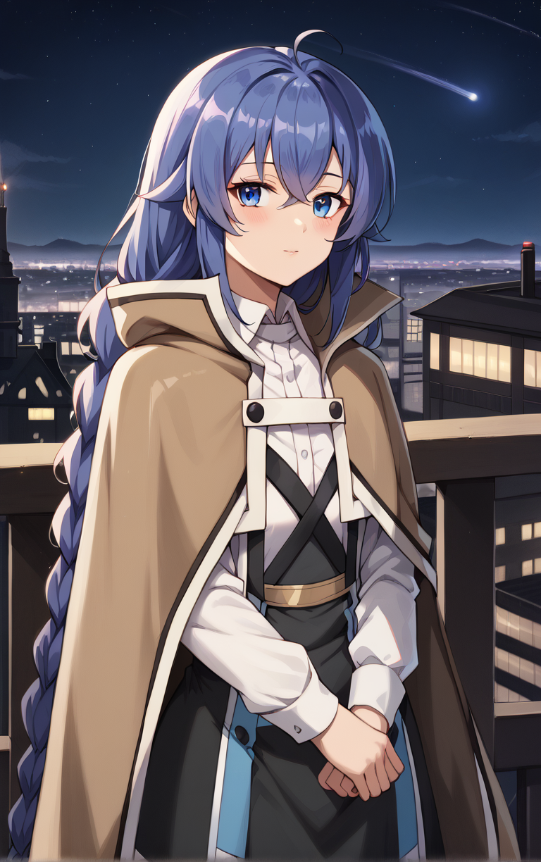 score_9, score_8_up, score_7_up, BREAK
Capelet_RoxyMigurdia_ownwaifu, 
1girl, blue eyes, blue hair, brown capelet, capelet, roxy migurdia, white dress, long hair, hair between eyes, braid, twin braids, brown cape, crossed bangs, long sleeves, bangs, black skirt, white shirt, dress, collared shirt, shirt, cloak,
(standing, arm_support), railing, cityscape, night, city, city lights, scenery, starry sky, vanishing point, outdoors, <lora:PONYXL_MushokuTensei_RoxyMigurdia_ownwaifu:0.8> , depth of field, solo,