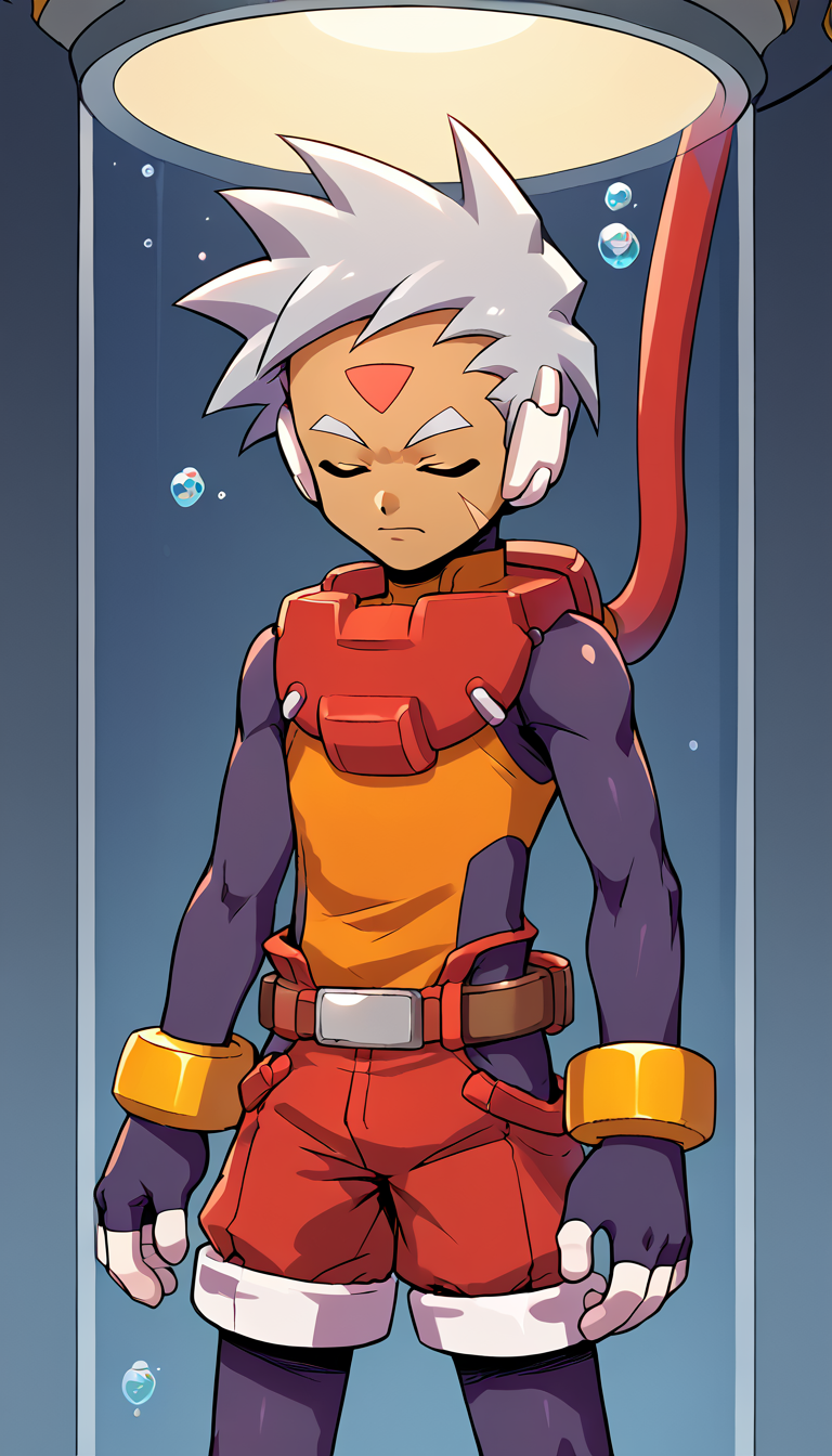 score_9,score_8_up,. score_7_up,score_6_up,score_5_up,score_4_up,source_anime BREAK <lora:vent_Grey:0.9>,grey \(mega man\),solo,closed eyes,1boy,male focus,gloves,shorts,(cowboy shot:0.9),red shorts,grey hair,bodysuit,dark skin,forehead jewel,belt,(cable:0.8),robot ears,facial mark,fingerless gloves,bracelet,pantyhose under shorts,(pantyhose:0.6),dark-skinned male,shirt,orange shirt,<lora:Stasis Tank v6:0.9> BREAK stasis tank,(floating:1.2),air bubble,in container,(hanging:1.2),