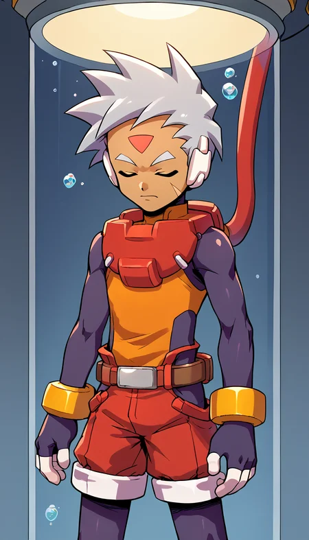 score_9,score_8_up,. score_7_up,score_6_up,score_5_up,score_4_up,source_anime BREAK <lora:vent_Grey:0.9>,grey \(mega man\),solo,closed eyes,1boy,male focus,gloves,shorts,(cowboy shot:0.9),red shorts,grey hair,bodysuit,dark skin,forehead jewel,belt,(cable:0.8),robot ears,facial mark,fingerless gloves,bracelet,pantyhose under shorts,(pantyhose:0.6),dark-skinned male,shirt,orange shirt,<lora:Stasis Tank v6:0.9> BREAK stasis tank,(floating:1.2),air bubble,in container,(hanging:1.2),