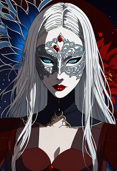 solo, 1girl Tall pale slender Carmilla with long straight white hair wearing (((red fine clothes noblewoman dress))), 16th century, gothic, wearing a (((full face covering ornate white volto venetian carnival mask that covers lower face with closed red painted lips))), slender, tall, small bust, mature female, blue eyes visible in shadowy mask eyeholes, white mask
vintageillustration
BREAK
Detailed misty night background