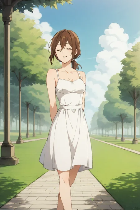score_9, score_8_up, score_7_up, source_anime, 1girl, prefect lighting, very aesthetic, intricate details, highly detailed background, masterpiece, high quality, prefect hands, solo, best quality,
<lora:Yuriko_Hori_young_V1-000007:.75>, brown hair, medium hair, hair between eyes, closed eyes, brown eyes, low ponytail, straight hair,
White sundress, bare shoulders,
Standing, one leg up, smile, parted lips, wind, cowboy shot, dutch angle, arms behind back, from side,
sunny, park, sidewalk, stone floor, grass, tree, cloudy sky, under shade, shade,
(Beautiful, medium Breasts:1.2), natural breasts,