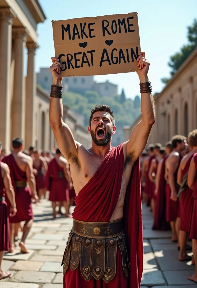 photo of a male roman legionnaire standing in ancient town, holding up placard stating "make rome great again", shouting, muscular, dark hair, outdoor, ancient roman ruins, marble street, temple ruins, groups of romans in togas crowded behind him, sunny day,