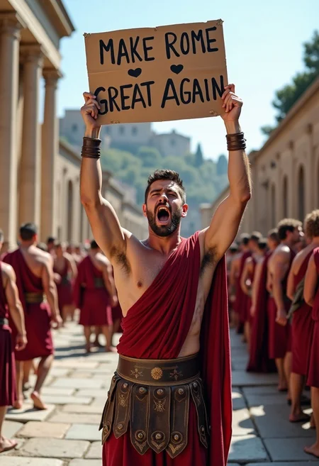 photo of a male roman legionnaire standing in ancient town, holding up placard stating "make rome great again", shouting, muscular, dark hair, outdoor, ancient roman ruins, marble street, temple ruins, groups of romans in togas crowded behind him, sunny day,