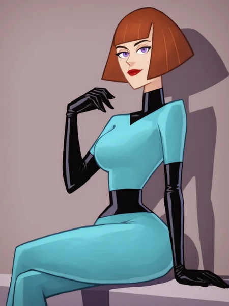 score_9, score_8_up, score_7_up, score_6_up, source_anime, 1girl, portrait, purple eyes, shadow, m_fenton, seductive pose, auburn hair, wide hips, small waist, big boobs, bob cut, sitting, blue rubber jumpsuit, black gloves, red lips, looking at viewer, realistic, watercolor, <lora:Maddie_Fenton_Danny_Phantom_LoRA_Pony:0.75>,  <lora:kaoming_Style_LoRA_PonySDXL:0.8>