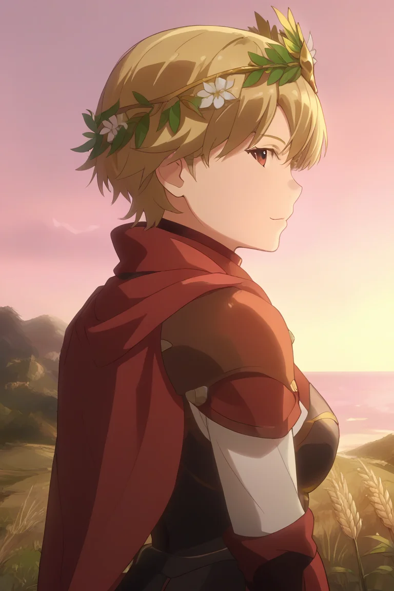 score_9, score_8_up, score_7_up, best quality, masterpiece, 4k, very aesthetic, source_anime, 1girl, bronze armor, laurel crown, red cape, from side, wheat field, sunset, ocean background, kind expression, short blonde hair, upper body, close up, looking back, looking at viewer, official art, solo focus, <lora:Grimgar_Style:1> grimfd