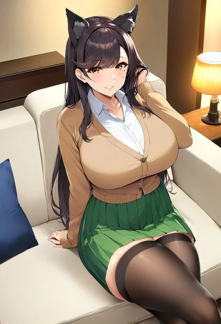 solo, 1girl, atago, azur_lane, animal_ears, black_hair, black_thighhighs, breasts, dog_ears, extra_ears, yellow_eyes, sitting, crossed_legs, adjusting_hair, smile, closed_mouth, (mature female:1.2), tall female, huge breasts, curvy, collarbone, beautiful face, highly detailed faces and eyes, shiny skin, shiny, large_breasts, long_hair, ribbon, skindentation, smile, swept_bangs, thighhighs, white_ribbon, mole_under_eye, skirt, green_skirt, (long_skirt:1.2), blouse, white_blouse, cardigan, brown_cardigan, indoors, living_room, couch, evening, lamp, feet_out_of_frame, masterpiece, best quality, very aesthetic, absurdres, score_9, score_8_up, score_7_up, score_6_up, by marushin