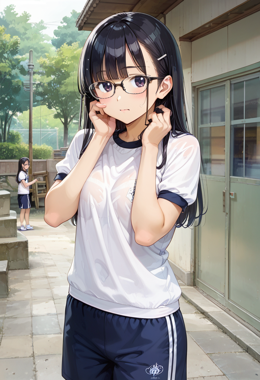 score_9, score_8_up, score_7_up, rating_safe, masterpiece, best quality, absurdres, unity 8k wallpaper, official art, official style, source_anime, uncensored, game cg, megami magazine,
1girl, solo, glasses, black hair, long hair, gym uniform, sportswear, looking at viewer, blush, hands on own cheek, 
taikusouko, multiple girls, door, exterior, outdoors, 
 <lora:gakkou_taiikusouko_PONY_V1:1>