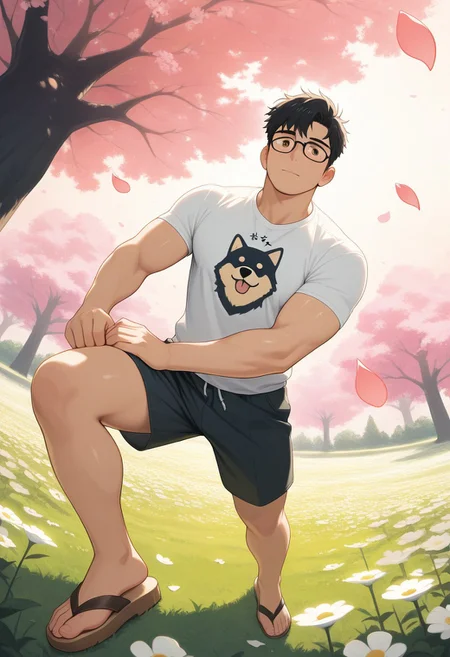 masterpiece, best quality, amazing quality, good quality, very awa, newest, highres, absurdres, warm light, lively and bustling atmosphere, background details visible, shiny skin, outdoor, flower field, tree, solo, stage, male focus,
1boy, ettaphyl, bara, short hair, black hair, brown eyes, glasses, t-shirt, dog print, shorts, wooden sandals,
dynamic pose, relaxing, fisheye, windy, (flying petal:1.5),