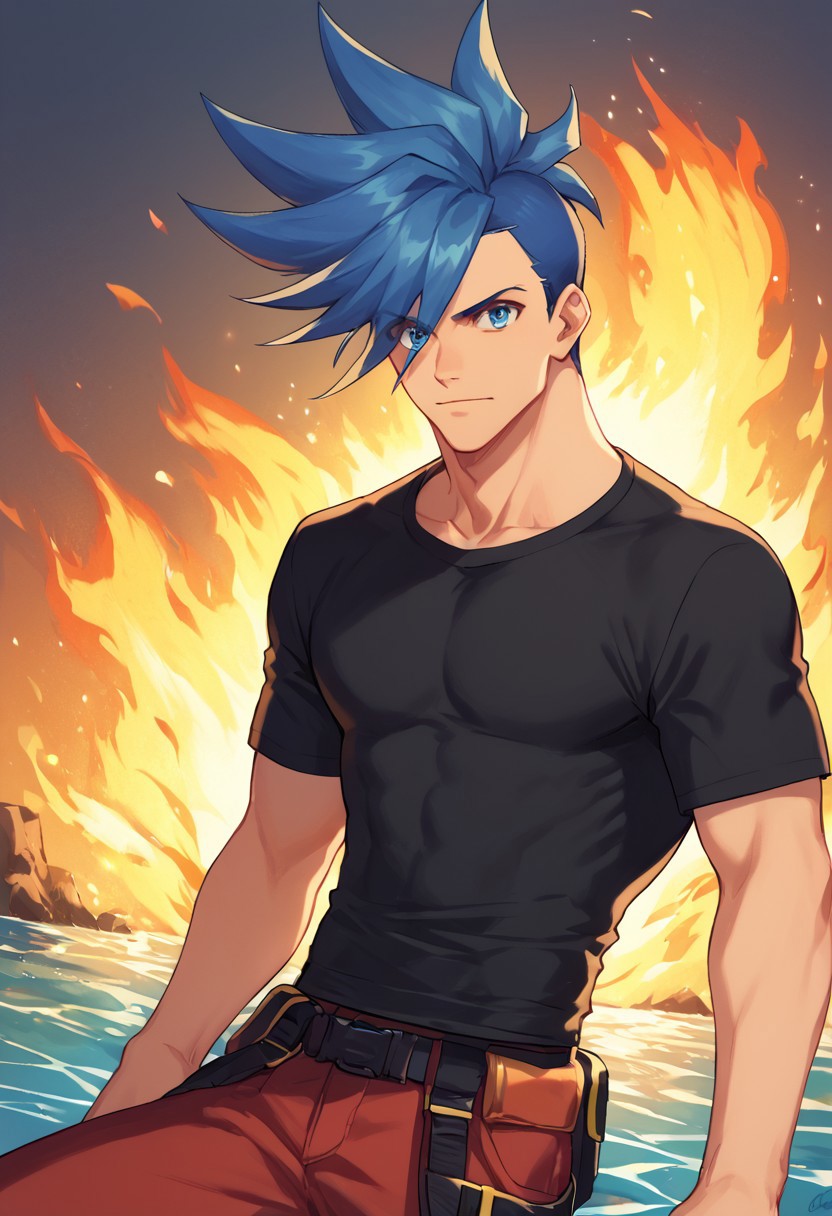 score_9, score_8_up, score_7_up, source_anime, highly detailed, 
galo, male focus, 1boy, blue hair, spiked hair, blue eyes, solo, shirt, black shirt, t-shirt, pants, red pants,  upper body,
fire, pyrokinesis, water,