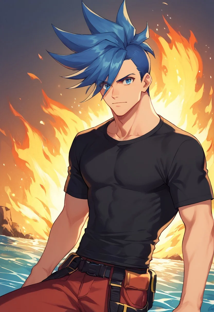 score_9, score_8_up, score_7_up, source_anime, highly detailed,
galo, male focus, 1boy, blue hair, spiked hair, blue eyes, solo, shirt, black shirt, t-shirt, pants, red pants, upper body,
fire, pyrokinesis, water,