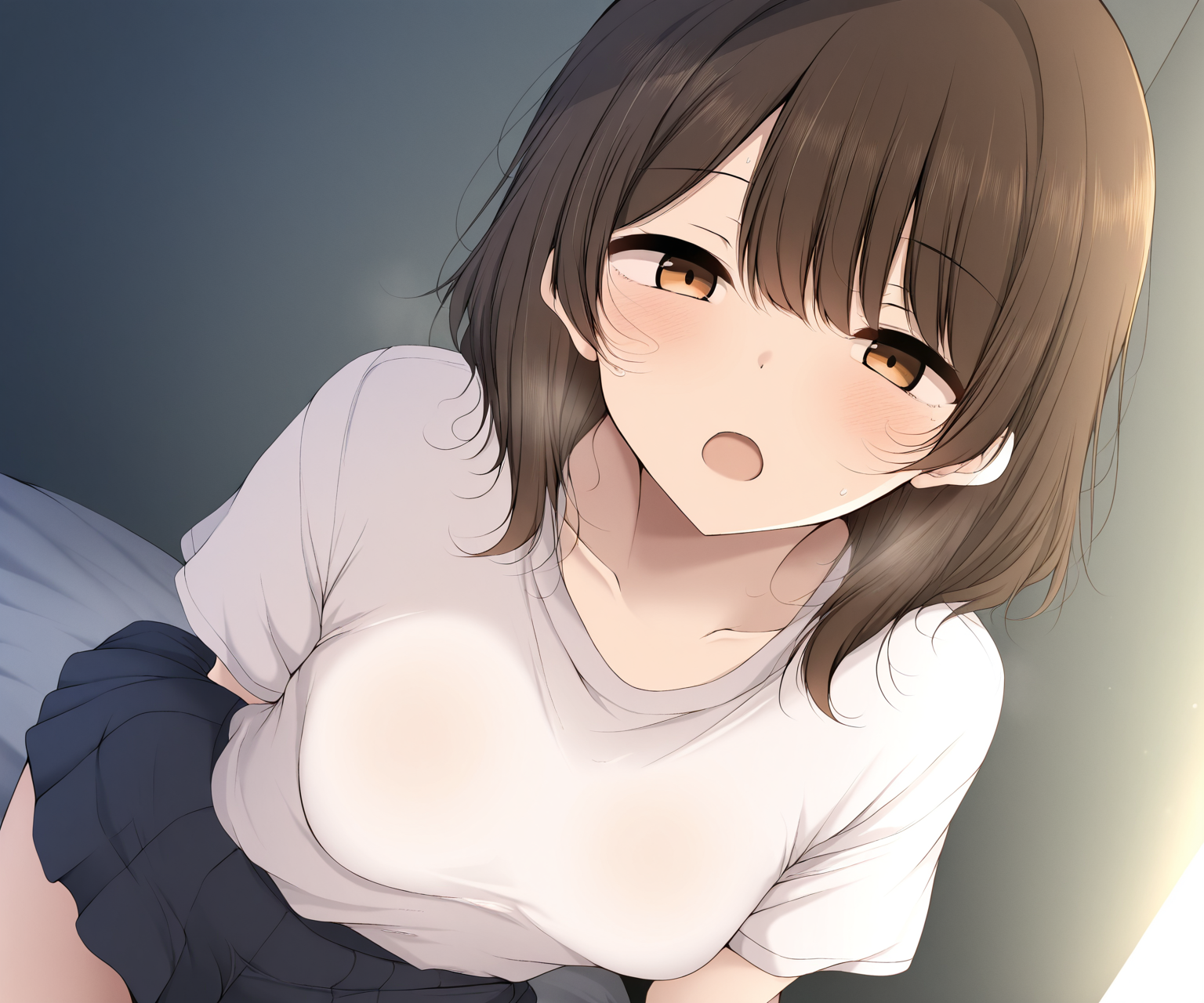 masterpiece, best quality, amazing quality,  sfw, 1girl, solo,  looking at viewer,  shirt, short sleeves, skirt,  open mouth, medium hair, bangs,  <lora:Downfallwinter style ILL-v2:1> downfallwinter_style