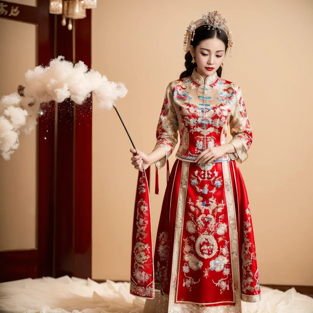 (8k, RAW photo, best quality, masterpiece:1.2), (realistic, photo-realistic:1.4), ultra-detailed, (Internet celebrity beauty),perfect detail ,  make up,(full body shot),China Jiangnan water town style, (cloud),zshs, a red and white dress with a red hat and gloves,<lora:zshs-10:0.8>