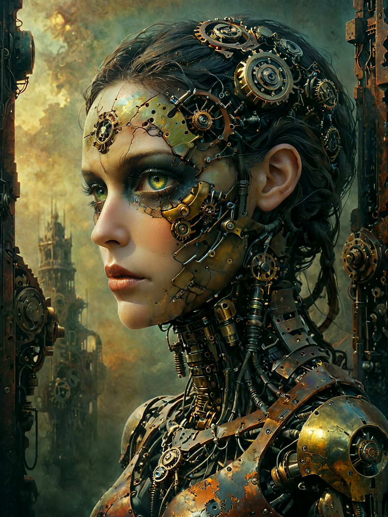 steampunk style, Professional photography. 

A mechanical person with cybernetics exposed on the side of their face.

antique, mechanical, brass and copper tones, gears, intricate, detailed.

<lora:OMG-Is-DucHaiten_v1.0:1.0>
<lora:sdxl_lora_beksinski-000018:0.4> digital artwork by Beksinski 
<lora:The_Dark_Side_of_the_Earth:0.2>