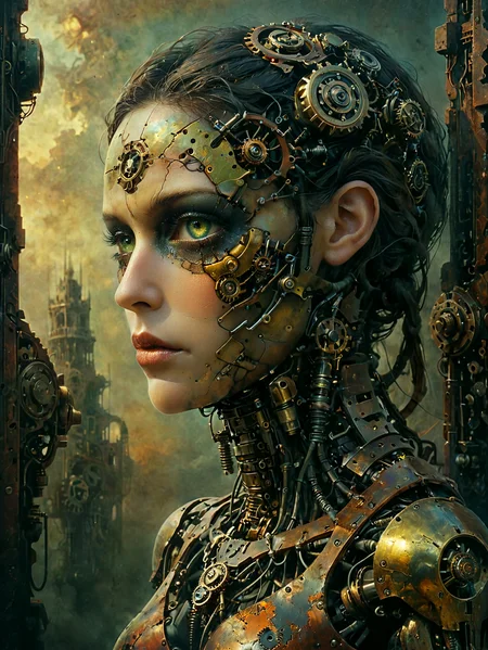 steampunk style, Professional photography.
A mechanical person with cybernetics exposed on the side of their face.
antique, mechanical, brass and copper tones, gears, intricate, detailed.
<lora:OMG-Is-DucHaiten_v1.0:1.0>
<lora:sdxl_lora_beksinski-000018:0.4> digital artwork by Beksinski
<lora:The_Dark_Side_of_the_Earth:0.2>