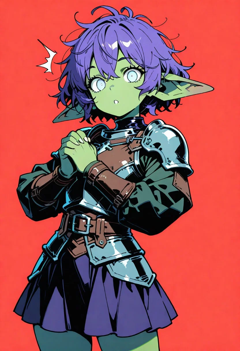 masterpiece, best quality, good quality, very awa, very aesthetic, absurdres, newest, 1girl, surprised, goblin girl, green skin, goblin ears, leather armor, short hair, purple hair, messy hair, blue eyes, cowboy shot, limited palette, looking at viewer, own hands together, partially colored, red background, simple background, skirt, solo, standing, white eyes, toon (style)