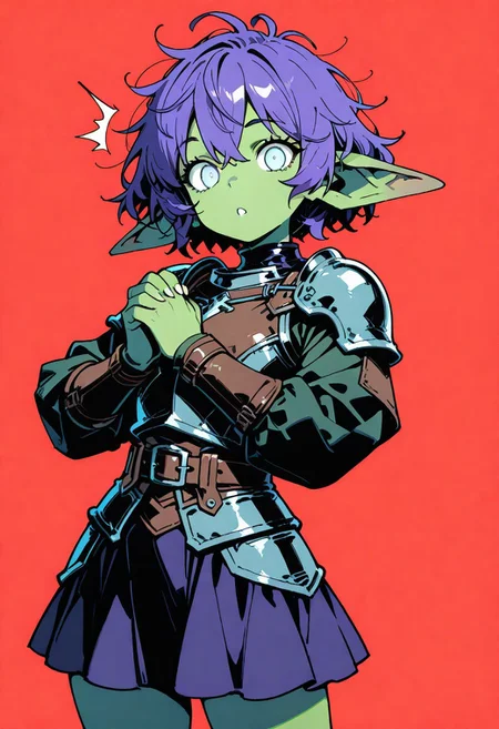 masterpiece, best quality, good quality, very awa, very aesthetic, absurdres, newest, 1girl, surprised, goblin girl, green skin, goblin ears, leather armor, short hair, purple hair, messy hair, blue eyes, cowboy shot, limited palette, looking at viewer, own hands together, partially colored, red background, simple background, skirt, solo, standing, white eyes, toon (style)