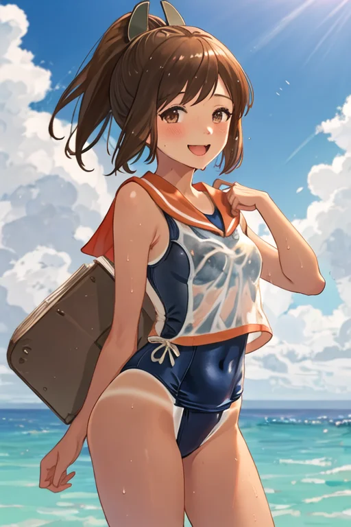 best quality, masterpiece, highres, solo, {i_401_kantaicollection:1.15}, brown_hair, ponytail, brown_eyes, short_hair, tan, swimsuit, school_swimsuit, blush, short_ponytail, hair_ornament, one-piece_swimsuit, smile, open_mouth, 1girl, sailor_collar, sky, swimsuit_under_clothes, cloud, day, school_uniform, looking_at_viewer, wet
