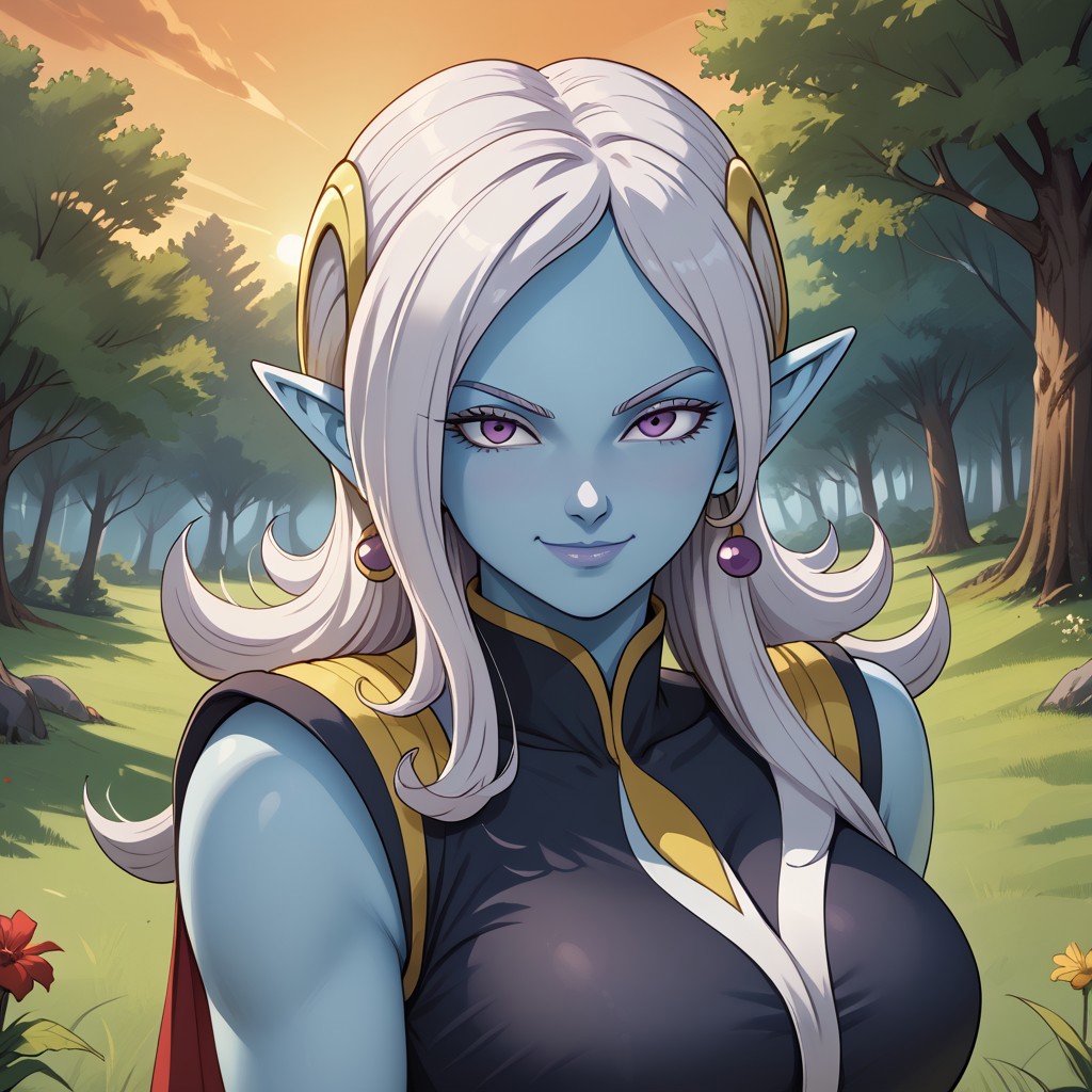 score_9, score_8, BREAK, 1girl, towa(dragon ball), pointy ears, colored skin, blue skin, long hair, purple eyes,white hair, hair ornament, jewelry, sexy pose, self portrait, smile, outdoors, sunlight, shadows, evening lighting, natural lighting, forest, trees, grass, orange sky, sunset