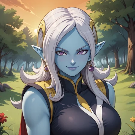score_9, score_8, BREAK, 1girl, towa(dragon ball), pointy ears, colored skin, blue skin, long hair, purple eyes,white hair, hair ornament, jewelry, sexy pose, self portrait, smile, outdoors, sunlight, shadows, evening lighting, natural lighting, forest, trees, grass, orange sky, sunset