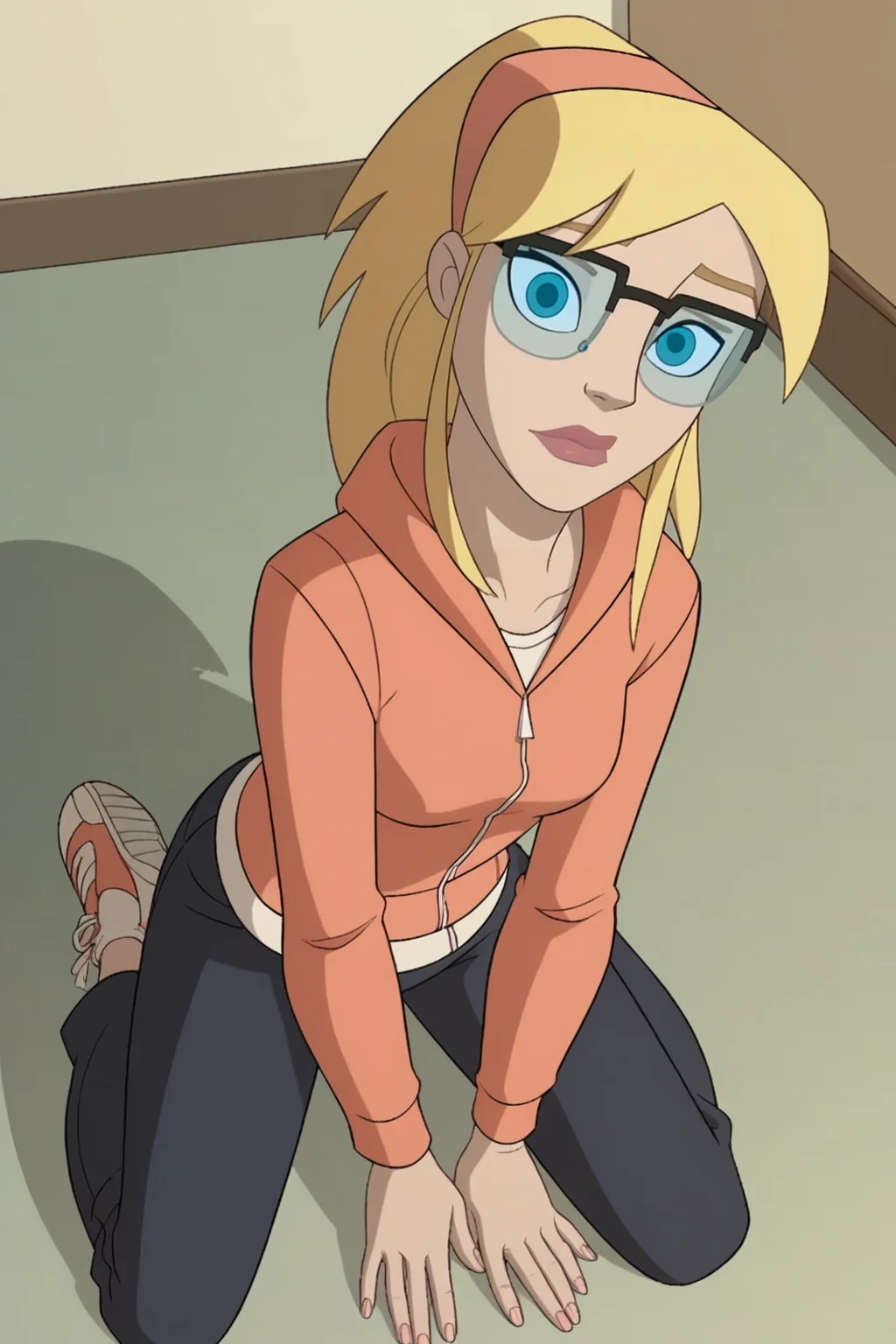 score_9, score_8_up, score_7_up, score_6_up, score_5_up, score_4_up, BREAK, 1girl, <lora:Gwen_Stacy_Spectacular_Spider-Man_Pony_Diffusion_XL-000004:1>, Gwen Stacy, Marvel, blue eyes, blonde hair, glasses, hairband, hoodie, pants, shoes, kneeling, from above, looking at viewer