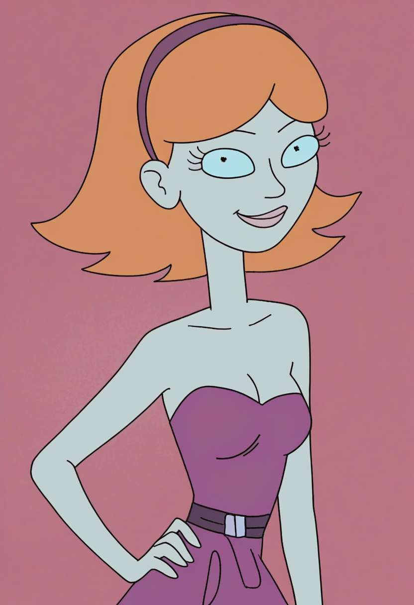 Jessica, 1girl, solo, hairband, orange hair,light smile,  cleavage, strapless dress, breasts, short hair, bare shoulders looking at viewer,smile,  score_9, score_8_up, score_7_up, score_6_up, score_5_up, score_4_up <lora:JessicaRMPony1.0:1>  zPDXL , hand on own hip,