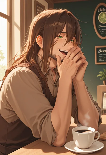 1boy, mbti_infp, mature man, long brown hair, green eyes, at coffee shop, talking to friend, laughing, warm light, relaxed, friendly, charming, aesthetic, detailed background, highres, masterpiece, best quality