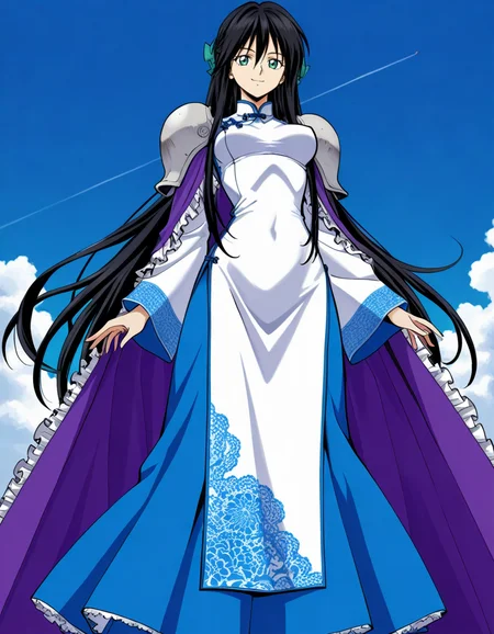 official style,Ryukichi kousyu,black hair,very long hair,green eyes,purple frilled cape,shoulder armor,wide sleeves,(white china dress:1.5),blue long skirt,from front,facing viewer,front view,front angle shot,shoot from front,straight-on,outdoors,sky,day,
explicit,soft brightness,perfect face,perfect nose, perfect hair, perfect eyes,perfect female body,perfect skin,a face of perfect proportion,perfect lighting,perfect anatomy,perfect proportion,perfect hands,perfect legs,perfect fingers,masterpiece,hair between eyes,
medium breasts,
perky breasts,best quality,very aesthetic,absurdres,16k,intricate detail,amazing quality,(bold:3.12),thick outline,black outline,harsh lines,soft lines,deluster,boldline,curvy,light smile,slim,(hat:-1),(empty eyes:-1),(emphasis lines:-1),(thighs:-1),
looking at viewer,
super fine illustration,detailed linework,vibrant colors,kawaii,flat color,
<lora:è¤å´ç«ç_å°ç¥æ¼ç¾©ç«åå
¬ä¸»illustriousFujisaki_Ryu_version_style_Houshin_Engi_Princess_Ryukichiillustrious:1:0.8>