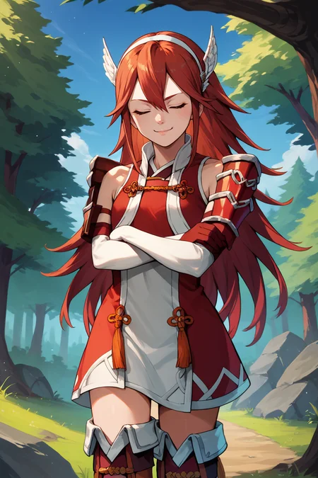 score_9, score_8_up, score_7_up, score_6_up, source_anime, BREAK 1girl, solo <lora:fecaeldori-pdxl-nvwls-v1:1> caeldori, red hair, wing hair ornament, hairband, shoulder armor, red and white dress, elbow gloves, thigh boots, crossed arms, smug, closed eyes, blue sky, forest