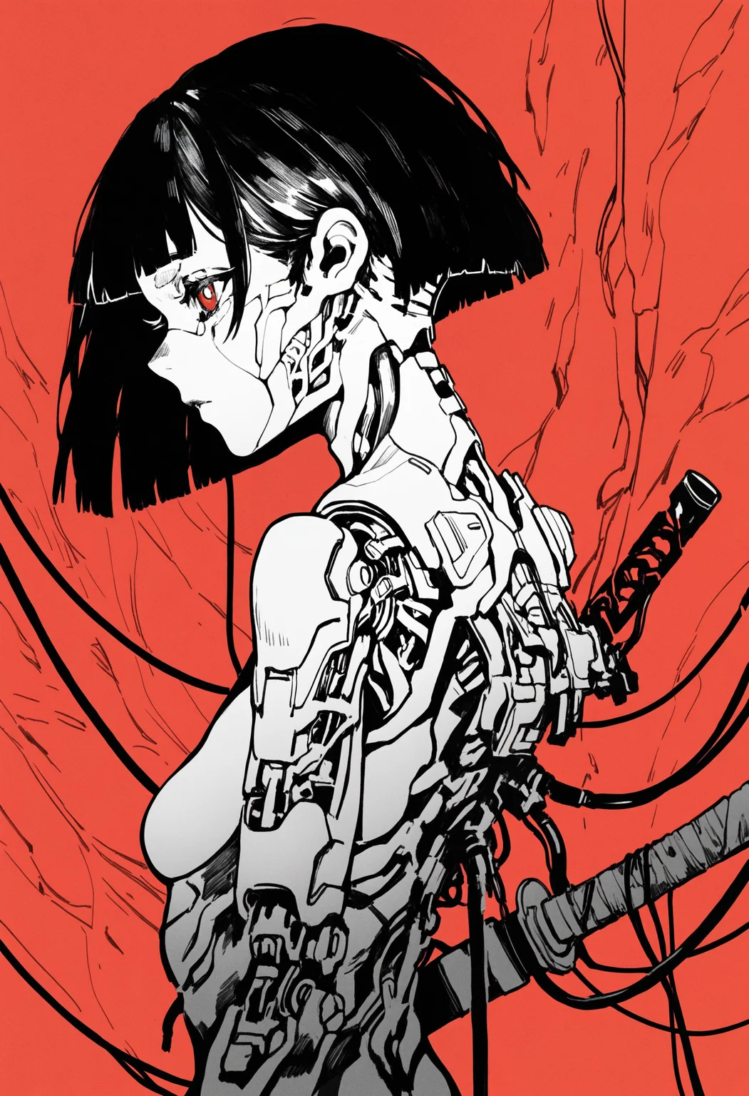 hatching\(texture\),monochrome, 1girl, solo, breasts, short hair, simple background, black hair, red eyes, upper body, weapon, small breasts, medium hair, sword, blunt bangs, from side, profile, katana, robot, red background, science fiction, android, cable, joints, mechanical arms, cyborg, robot joints, mechanical parts, cyberpunk, wire, tube, robot girl, BREAK,highres,absurdres,masterpiece,newest,best quality,Visual impact,very awa,very aesthetic,amazing quality