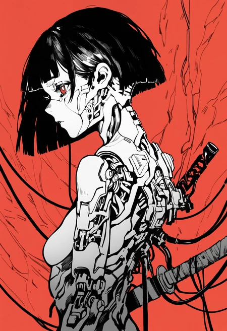 hatching\(texture\),monochrome, 1girl, solo, breasts, short hair, simple background, black hair, red eyes, upper body, weapon, small breasts, medium hair, sword, blunt bangs, from side, profile, katana, robot, red background, science fiction, android, cable, joints, mechanical arms, cyborg, robot joints, mechanical parts, cyberpunk, wire, tube, robot girl, BREAK,highres,absurdres,masterpiece,newest,best quality,Visual impact,very awa,very aesthetic,amazing quality