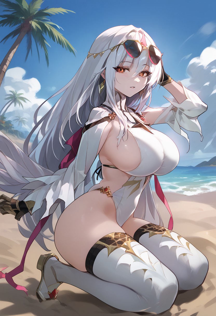 zPDXL3, score_9_up, score_8_up, score_7_up, (Anime_source), 1girl, N.M.Luna, reddish eyes, white hair, long hair, large breast, looking at viewer, parted lips, kneeling, beach, sand, palm trees, bikini, white theme, cloudy, sunglasses, from side