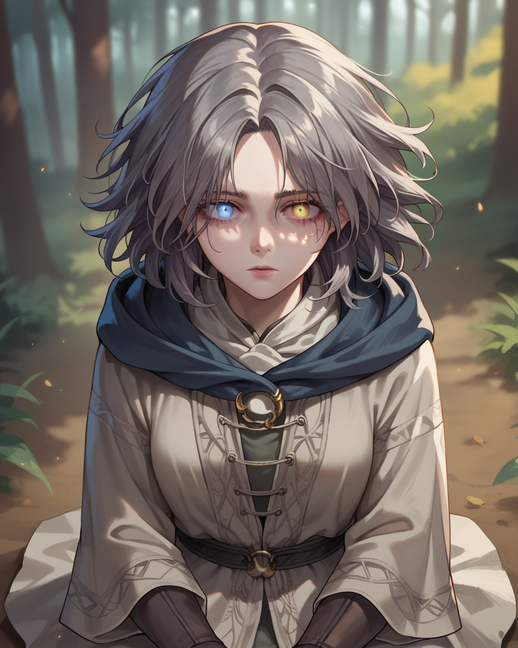 score_9, score_8_up, score_7_up, source_anime, forest, sitting, from above, blurred background, 1girl, DarkMelina, blue pupil, yellow pupil, heterochromia, gray hair, hood, scars, <lora:DarkMelina-12:0.8>