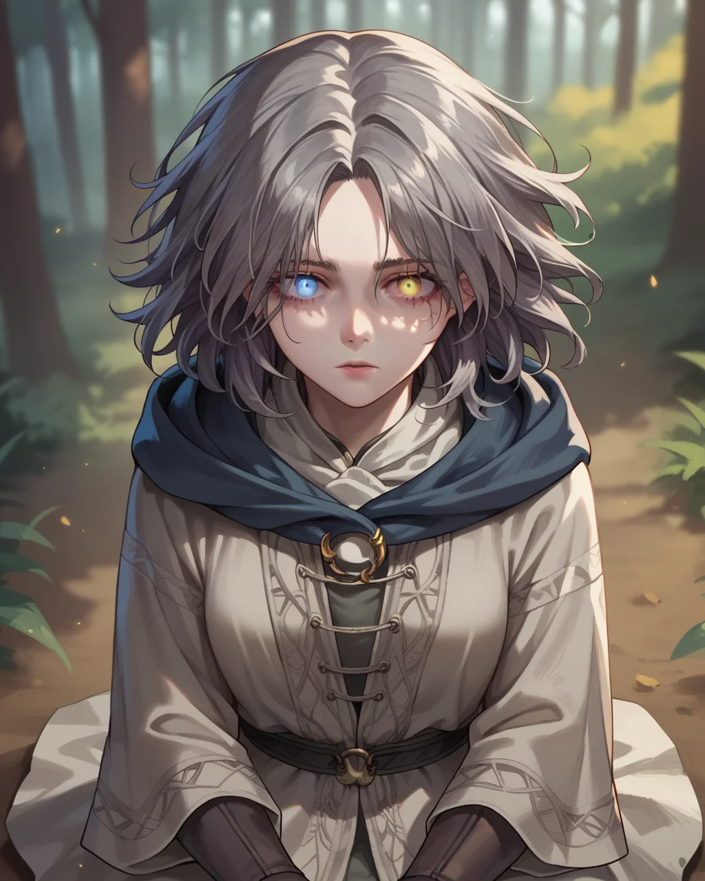 score_9, score_8_up, score_7_up, source_anime, forest, sitting, from above, blurred background, 1girl, DarkMelina, blue pupil, yellow pupil, heterochromia, gray hair, hood, scars, <lora:DarkMelina-12:0.8>